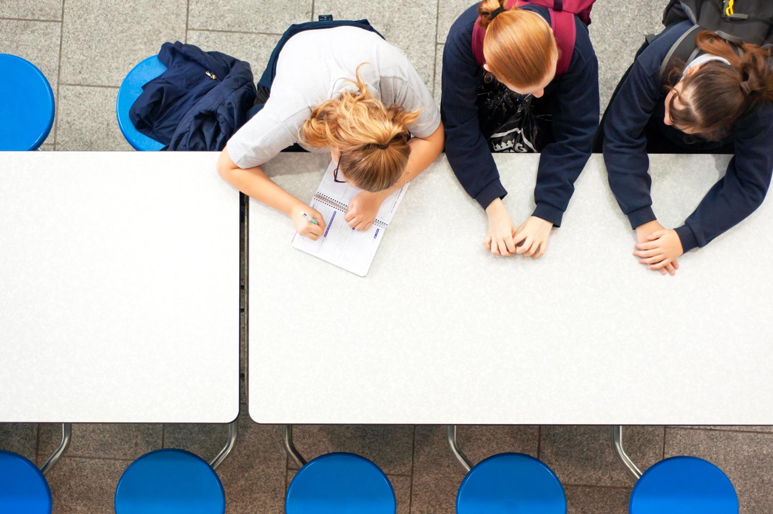 School pupils and tables shot from above