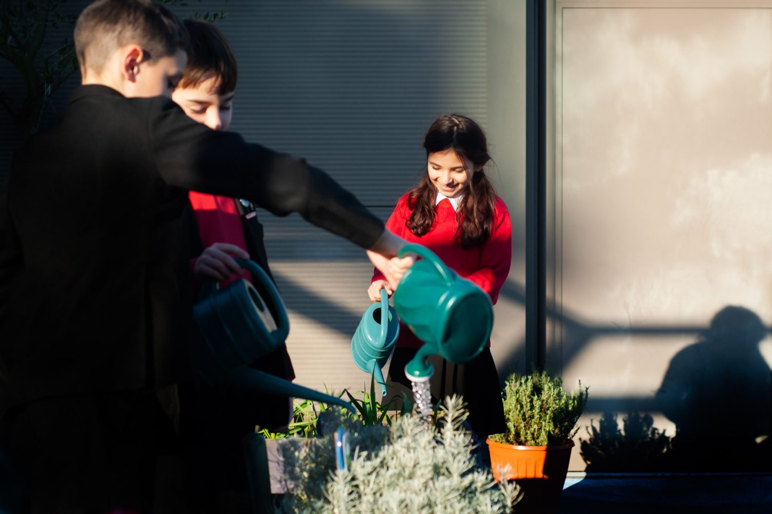 Pupils watering plants on roof garden